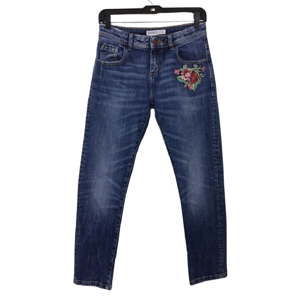 Zara Jeans Women’s 00 Blue Rose Floral Embroidered Mid Rise Skinny Distressed
